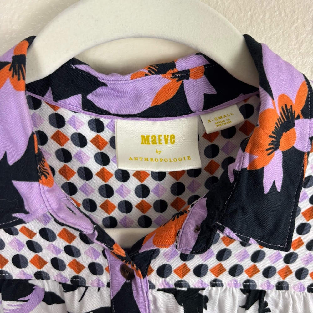 Anthropologie Maeve The Paz Button Down Blouse Size XS Patchwork Bird Novelty - Picture 3 of 7